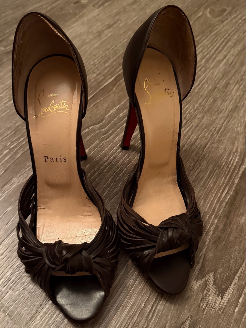 Christian Louboutin Brown Knotted Open-Toe D'Orsay Heels with Red Sole